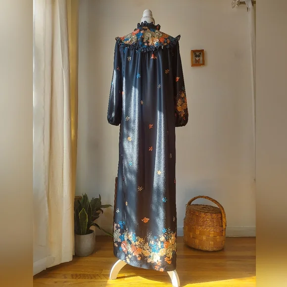 Vintage 70s M Floral Black Maxi Night Dress Jaudabar - Picture 6 of 10
